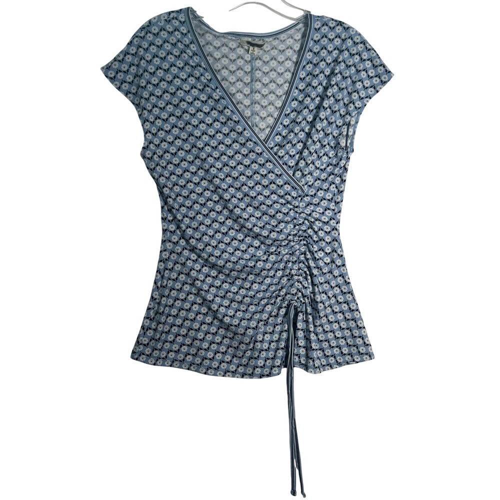 Max Studio Wrap Top Blue Floral Print Ruched‎ Drawstring Short Sleeve Small